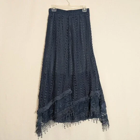PRETTY ANGEL Blue Crochet, Lace, Tassel - Lined Pull-On Midi Skirt; Size S - Picture 4 of 6